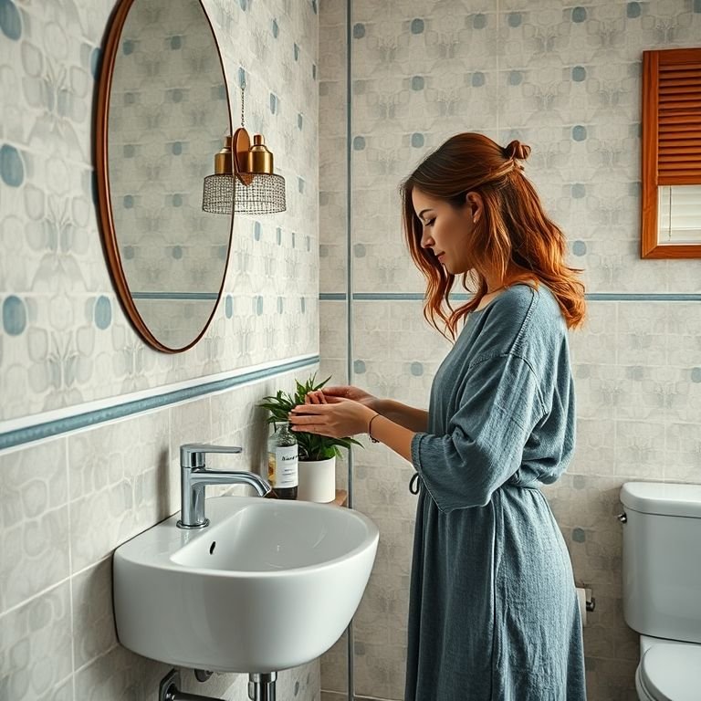 Mulher lavando as mãos em um banheiro social decorado com azulejos estampados e pia moderna.