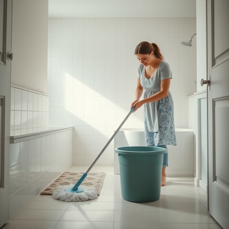 Mulher limpando o piso do banheiro com um mop e balde.