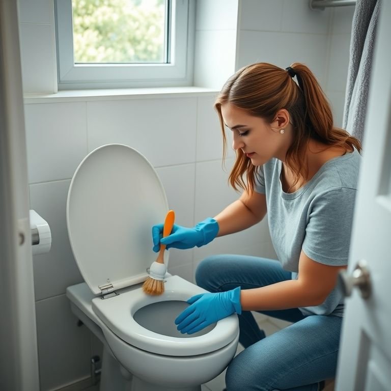 Mulher limpando o vaso sanitário com escova e produto desinfetante.
