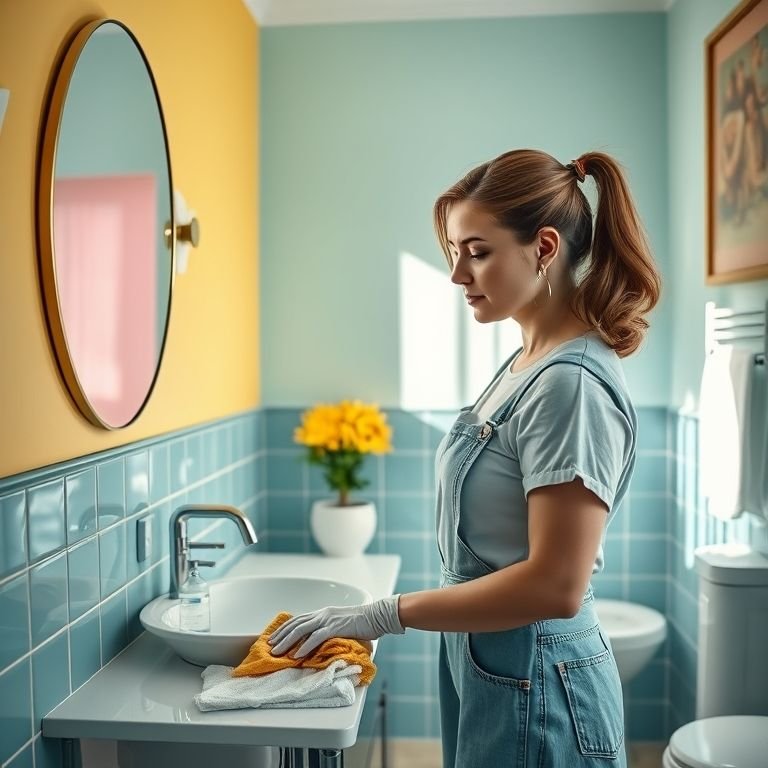 Mulher limpando um banheiro colorido e mantendo as cores vibrantes.
