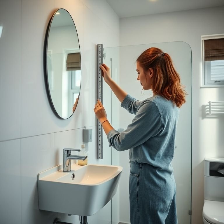Mulher medindo a altura de uma pia em um banheiro social com design moderno.