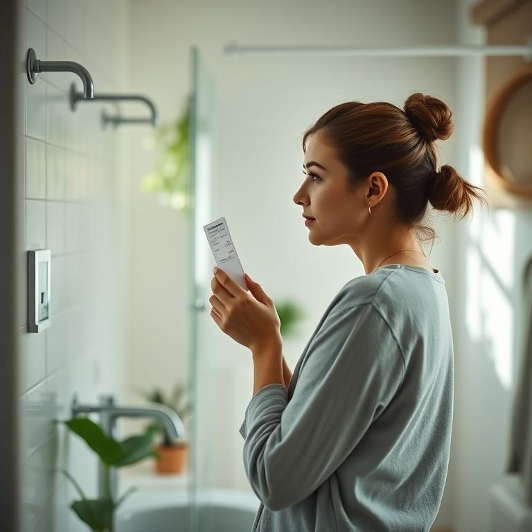 Mulher refletindo sobre o impacto ambiental no banheiro ecológico.