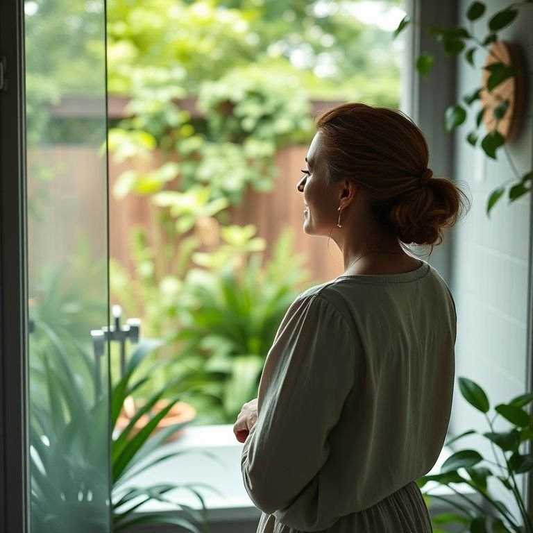 Mulher relaxando em um banheiro externo com vista para a natureza.