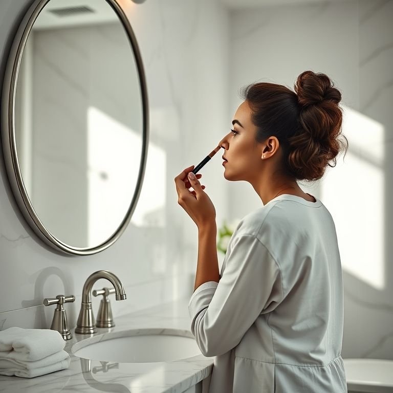 Mulher se maquiando em uma bancada espaçosa de banheiro.