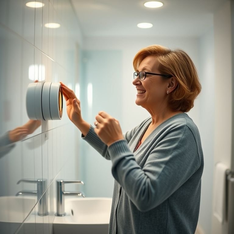 Mulher sorrindo ao verificar o medidor de energia, mostrando a economia com LEDs.
