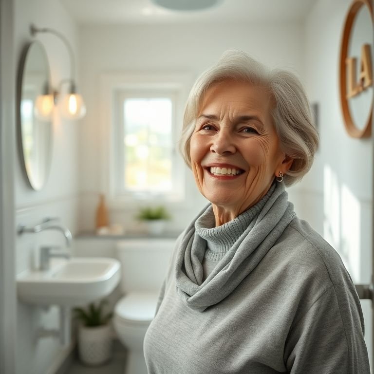 Mulher sorrindo em banheiro acessível e bem decorado, mostrando os benefícios da acessibilidade.