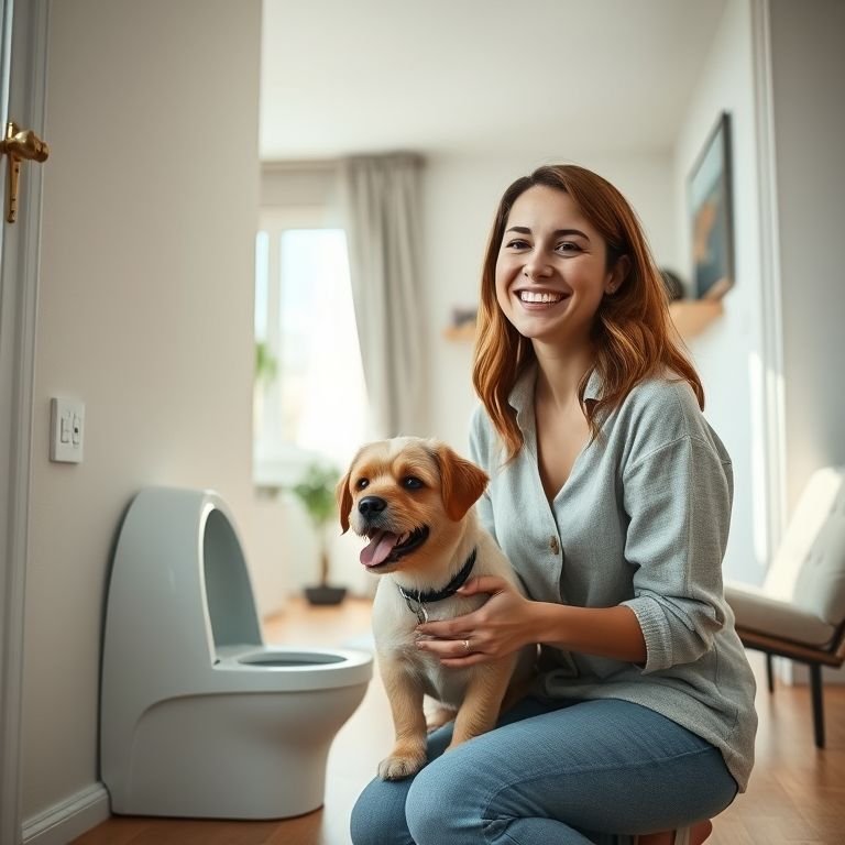 Mulher sorrindo enquanto seu cachorro usa o banheiro pet em apartamento moderno.