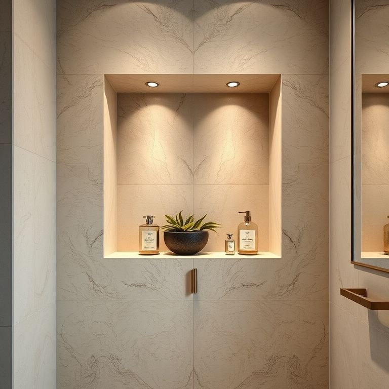 Nicho de travertino em uma parede de banheiro.