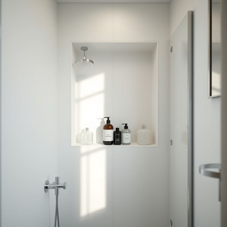 Nicho na parede de um banheiro pequeno para organizar produtos de higiene.