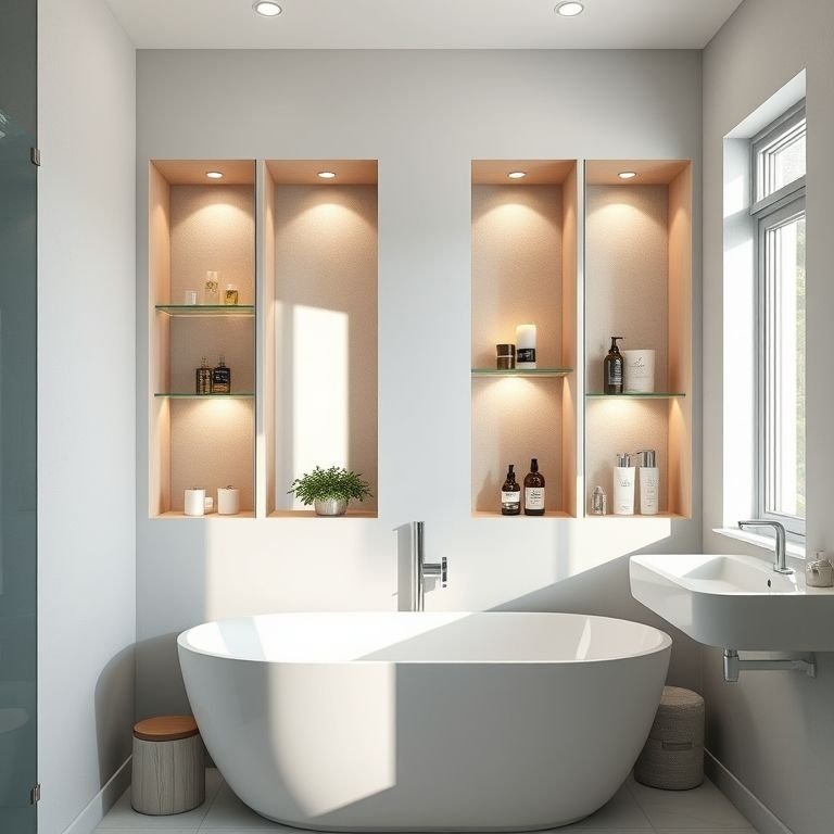 Nichos de vidro embutidos na parede do banheiro com produtos de higiene e velas.