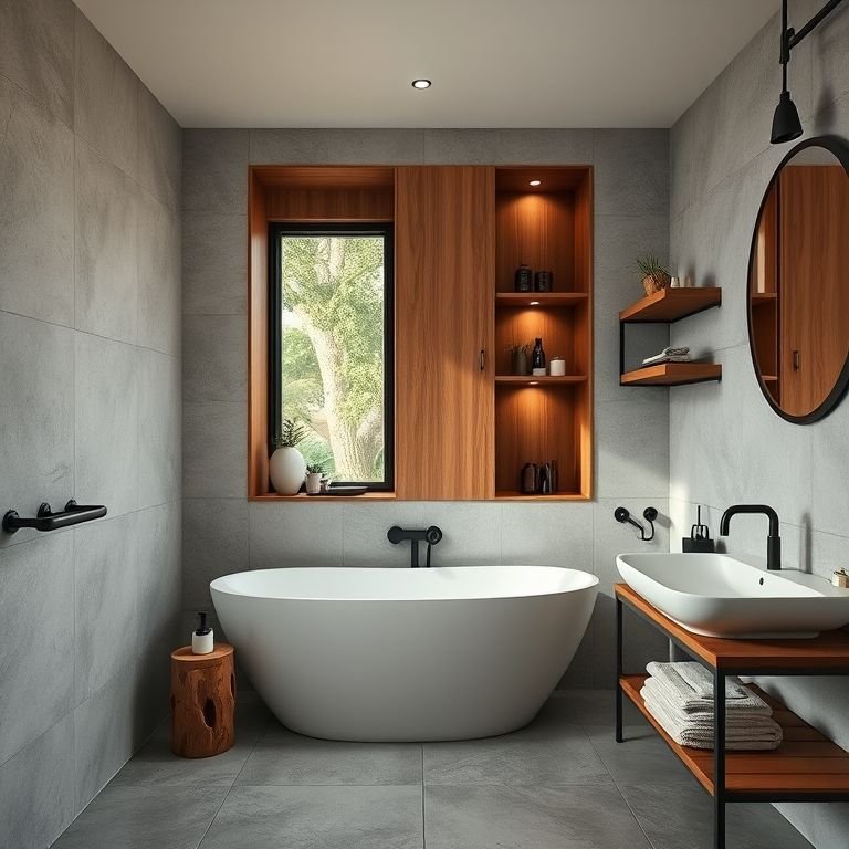 Nichos e prateleiras de madeira no banheiro.