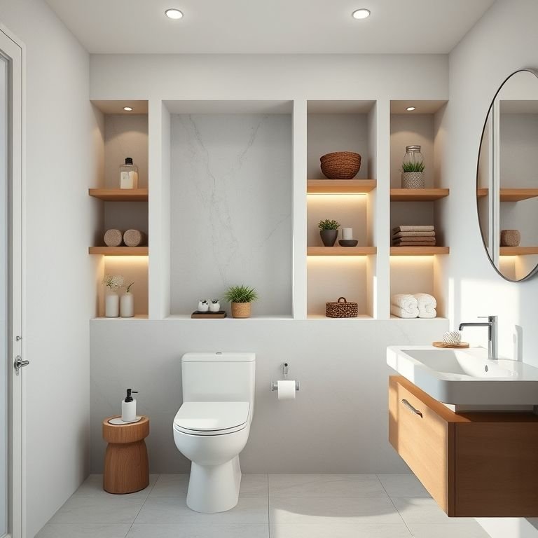 Nichos e prateleiras em banheiro com banheira e chuveiro separados.