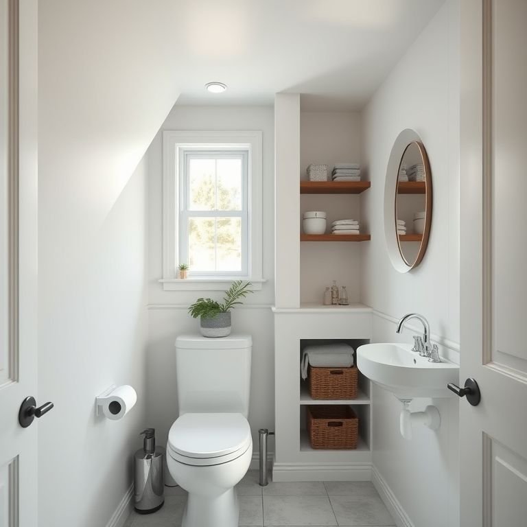 Nichos e prateleiras em banheiro pequeno sob a escada para organização.