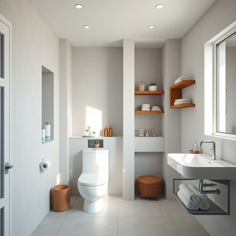 Nichos e prateleiras em um banheiro para organização e praticidade.