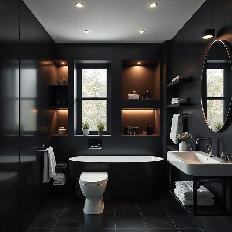 Nichos e prateleiras em um banheiro preto.