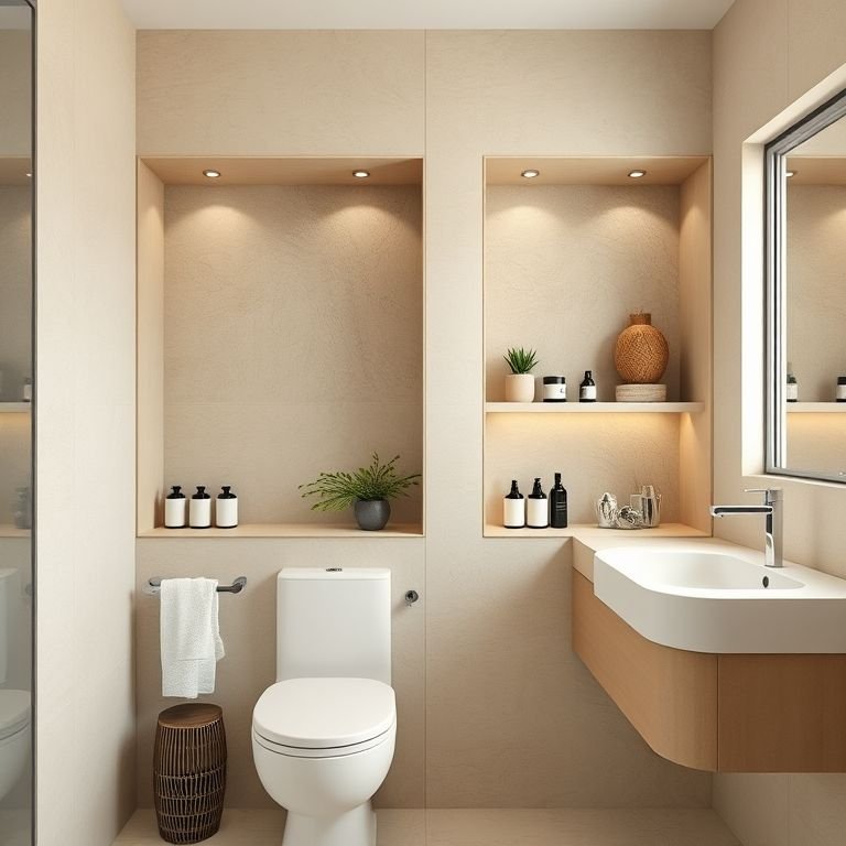 Nichos e prateleiras funcionais em banheiro bege Bahia.