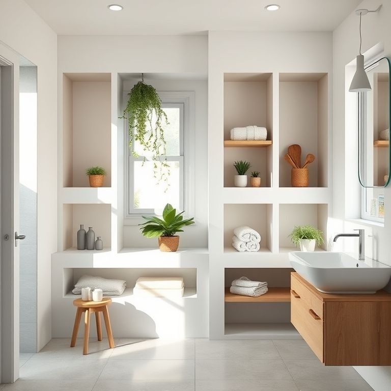 Nichos e prateleiras modulares em banheiro, organizando toalhas e plantas.