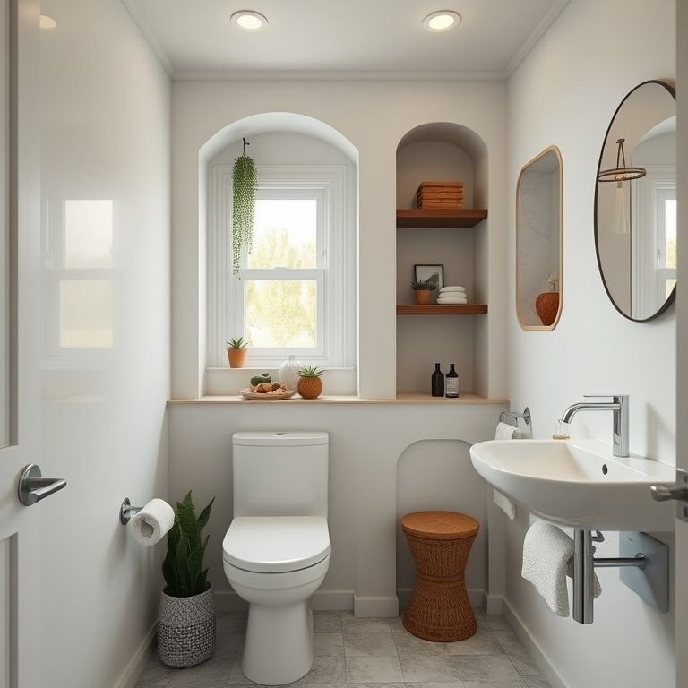 Nichos e prateleiras otimizando o espaço em um banheiro pequeno.