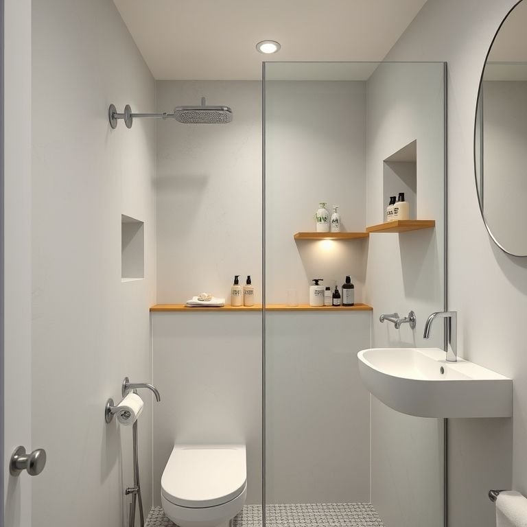 Nichos e prateleiras para otimizar espaço em banheiro pequeno.