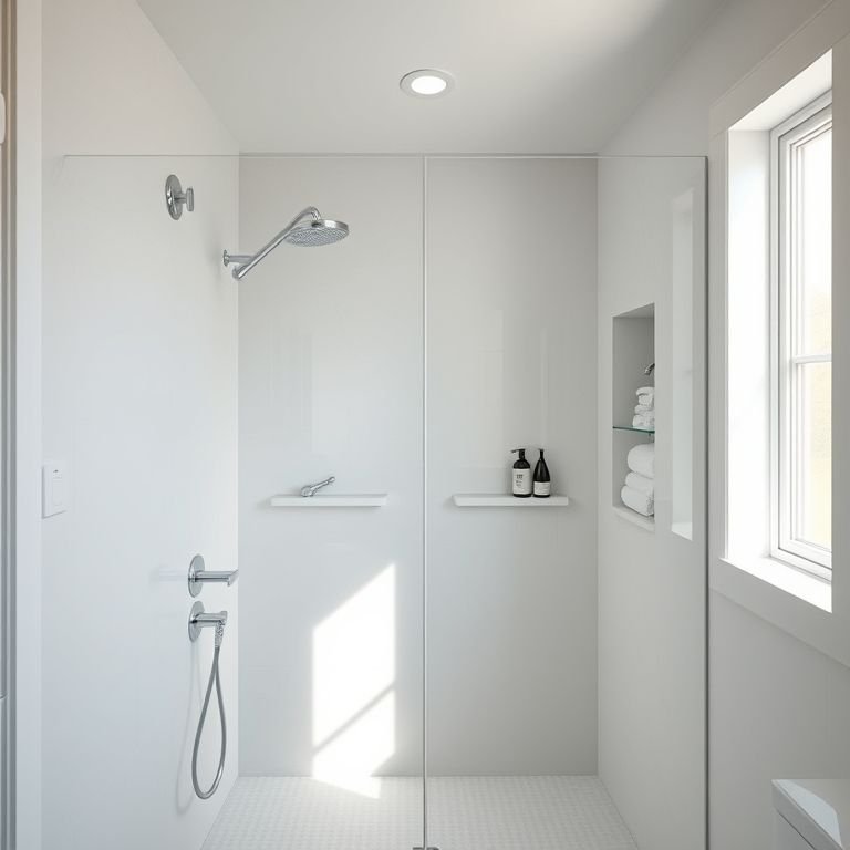 Nichos embutidos na área do chuveiro para otimizar o espaço.