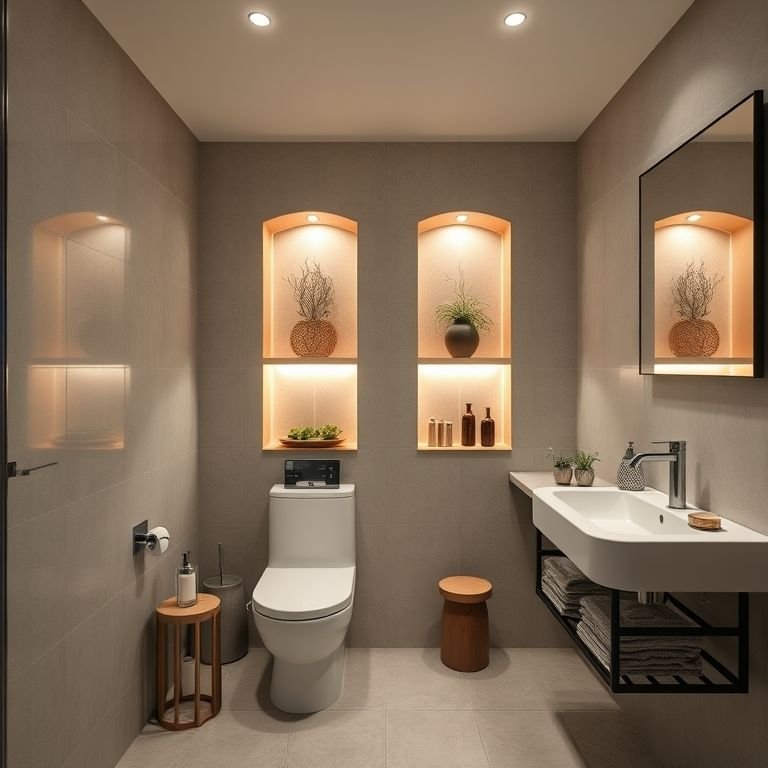 Nichos iluminados com LED em um banheiro, exibindo itens decorativos.