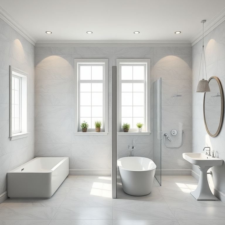 Opções de layout para banheiro com banheira e chuveiro separados.