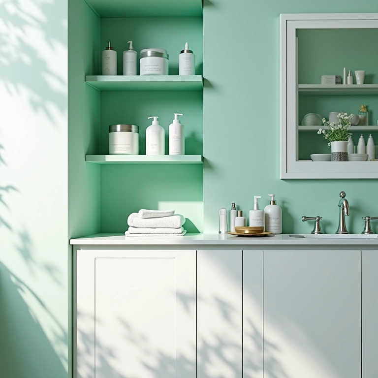 Organização com estilo em banheiro verde e branco.