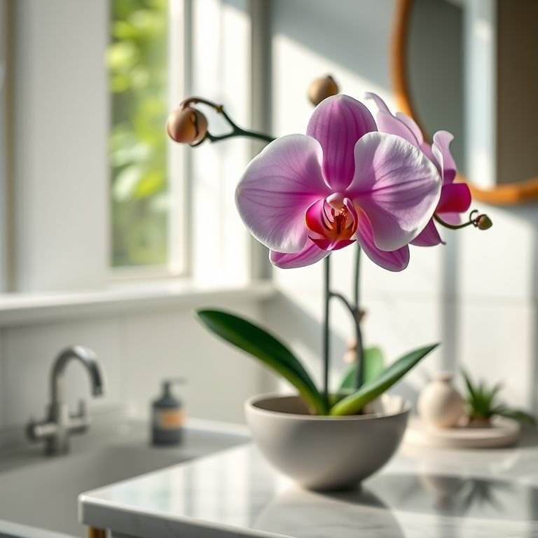 Orquídea elegante em flor decorando a bancada de um banheiro.