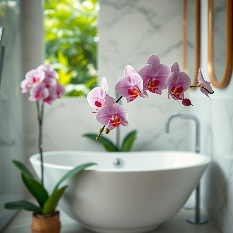 Orquídeas brancas em banheiro moderno, toque de elegância.