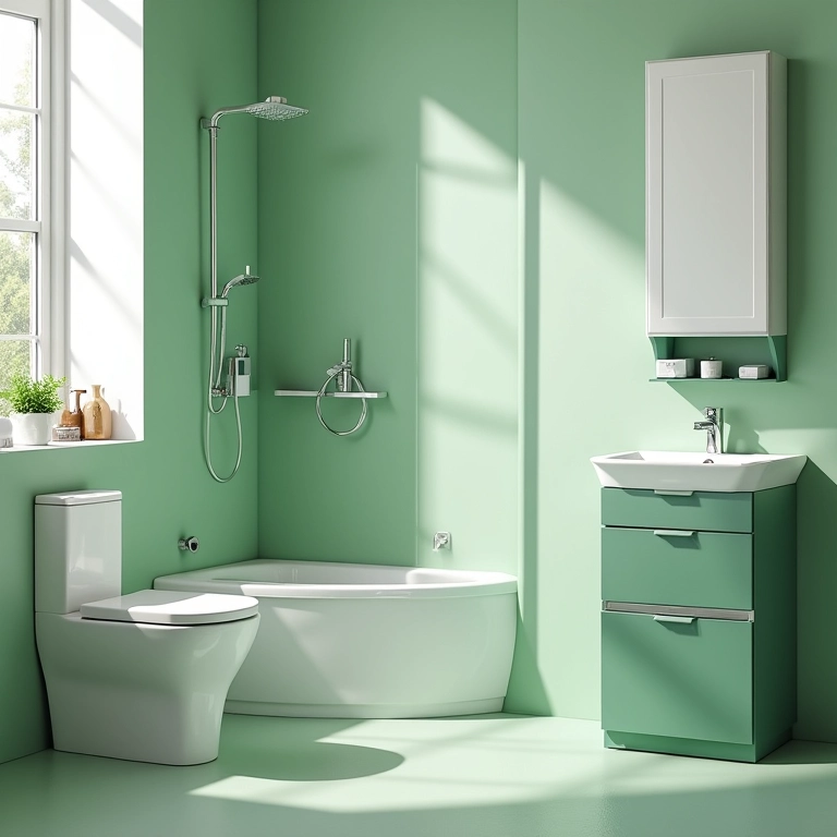 Otimização do espaço em banheiro verde e branco pequeno.