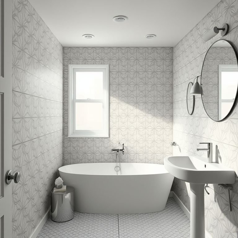 Papel de parede geométrico resistente à umidade em banheiro.