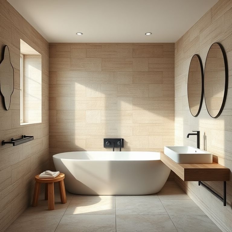 Paredes revestidas com pedras naturais em um banheiro rústico moderno.