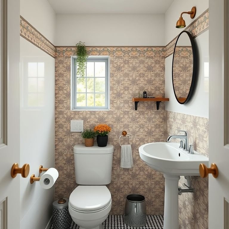 Pastilhas e azulejos decorativos em banheiro pequeno.