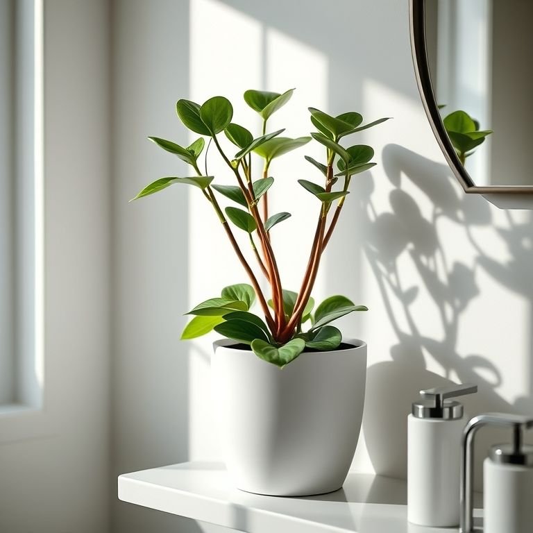 Peperômia em vaso estiloso decorando prateleira de banheiro.