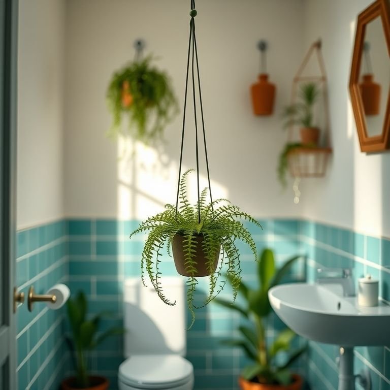 Pequena samambaia pendurada em um banheiro colorido, adicionando um toque natural.