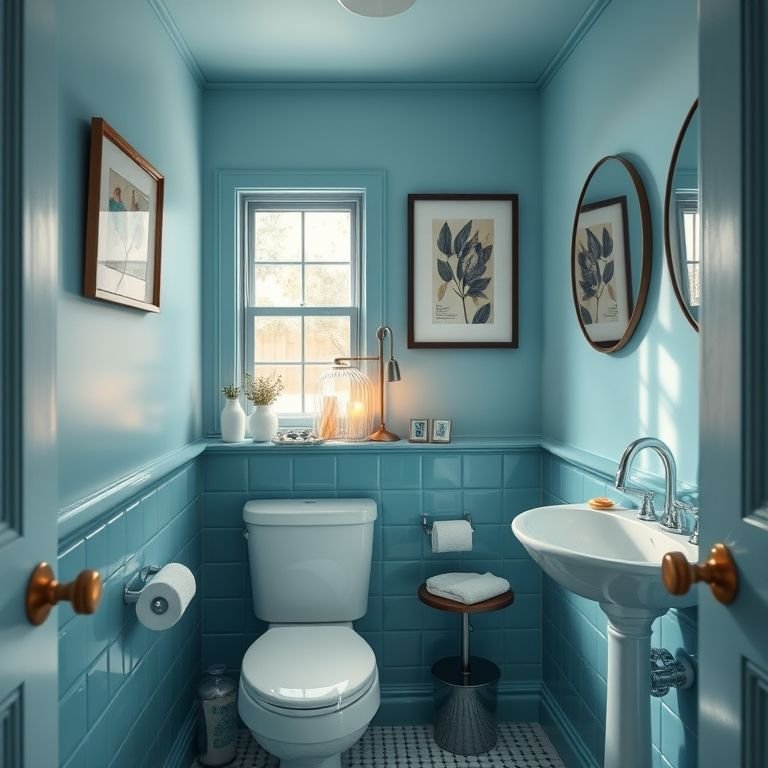 Pequeno banheiro azul com detalhes que fazem a diferença.