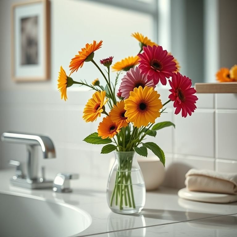 Pequeno vaso com flores coloridas na bancada do banheiro, detalhe encantador.