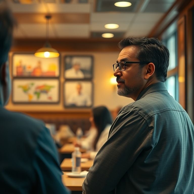 Pessoa perguntando educadamente 'Onde fica o banheiro?' em um restaurante.