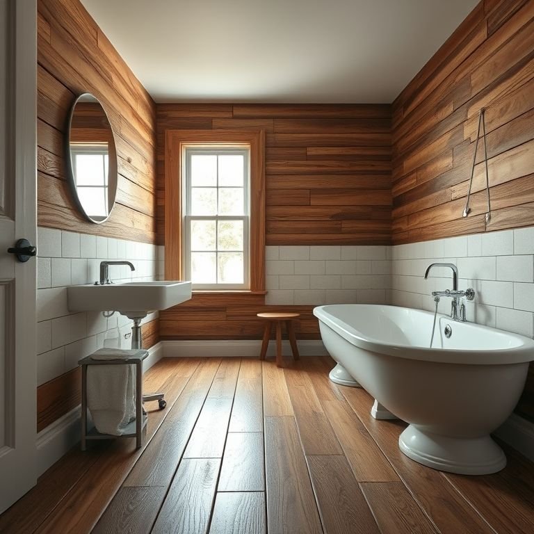 Piso de madeira resistente à umidade em um banheiro rústico moderno.