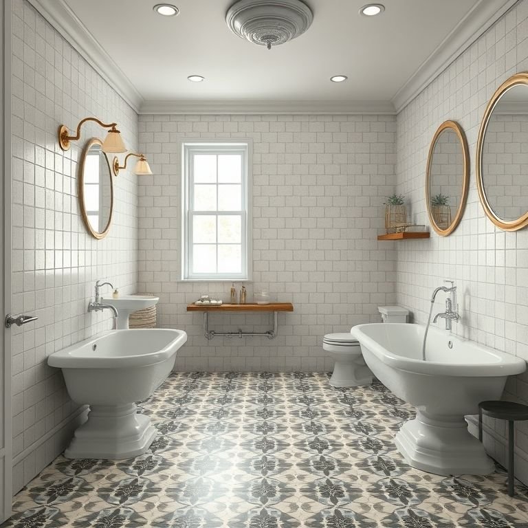 Piso retrô com mosaicos e ladrilhos hidráulicos em banheiro vintage.