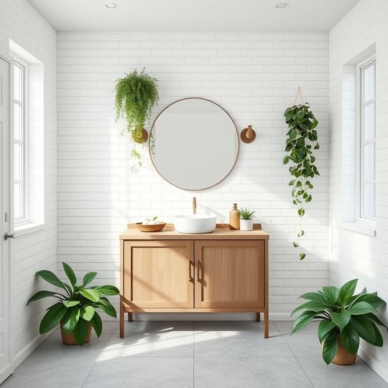 Pisos e revestimentos para um banheiro branco e cinza, com destaque para azulejos e madeira.