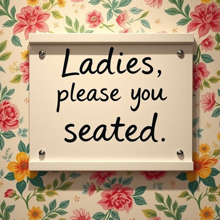 Placa de banheiro com frase divertida 'Senhoras, favor sentar' escrita à mão.