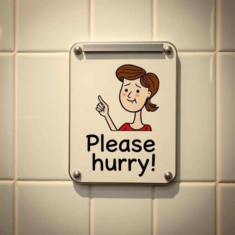 Placa de banheiro com ilustração engraçada de uma mulher esperando.