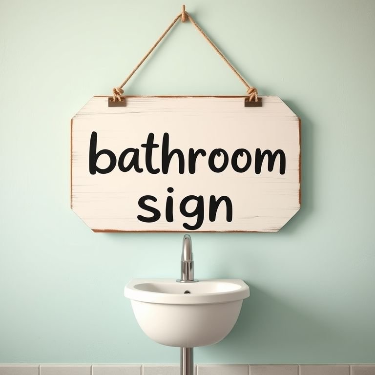 Placa de banheiro feminino DIY com design divertido e fundo pastel.