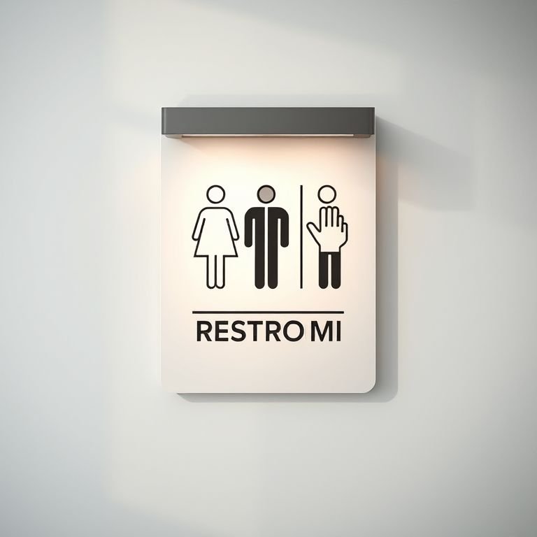 Placa de banheiro moderna com símbolos internacionais.