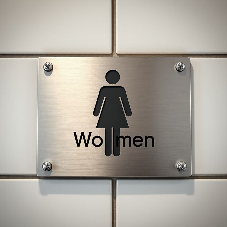 Placa de metal elegante indicando banheiro feminino.