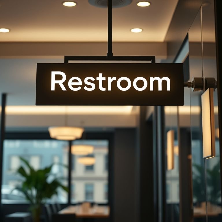 Placa elegante 'Restroom' em um restaurante moderno.
