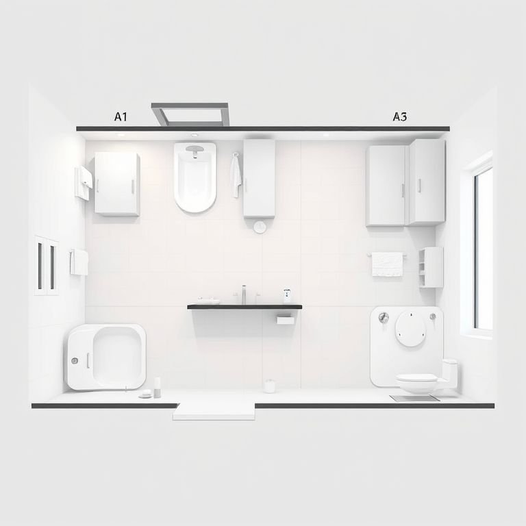 Planta baixa de banheiro em L com diferentes opções de layout.