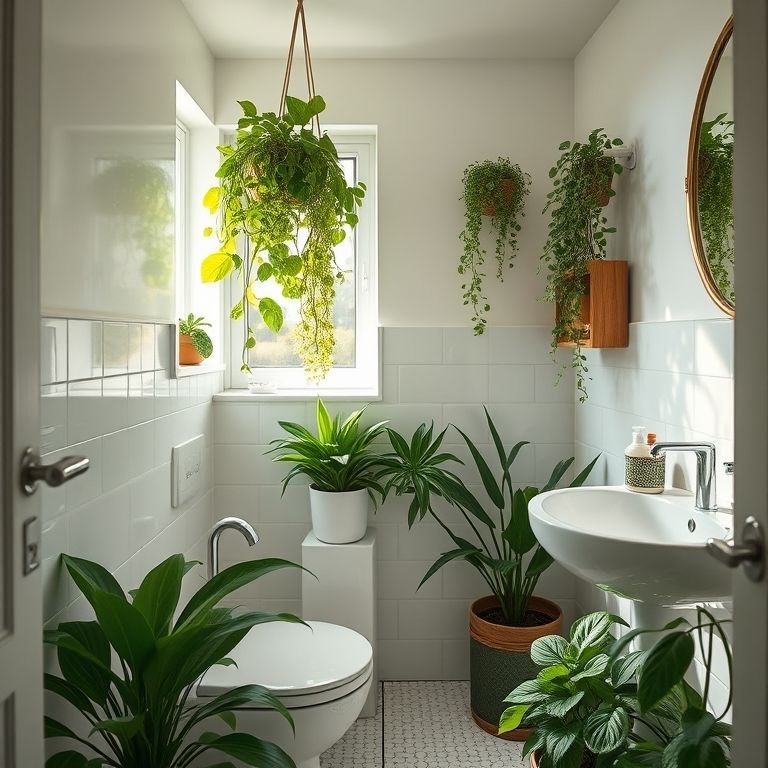 Plantas adicionando um toque de frescor a um banheiro pequeno.