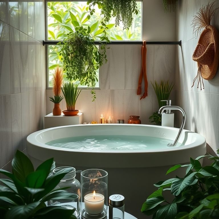 Plantas aromáticas em banheiro, promovendo relaxamento.